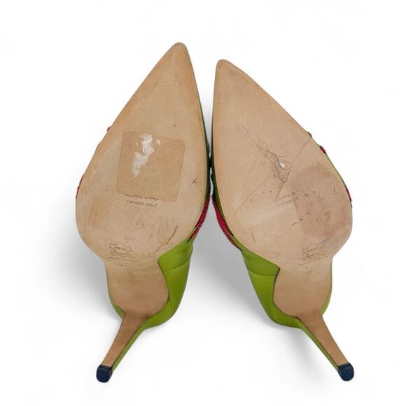 MANOLO BLAHNIK Avocado Satin Crystal Buckle Pointed Toe Pumps Size EU37.5 - Picture 12 of 13